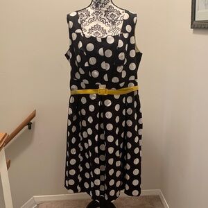 East 5th Black & White Polka Dot Midi Dress with Yellow Belt